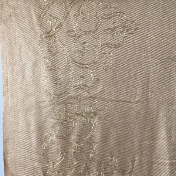 Coldwater Creek woman’s large tan scarf wrap w/embroidered scroll work & fringe - Picture 2 of 6